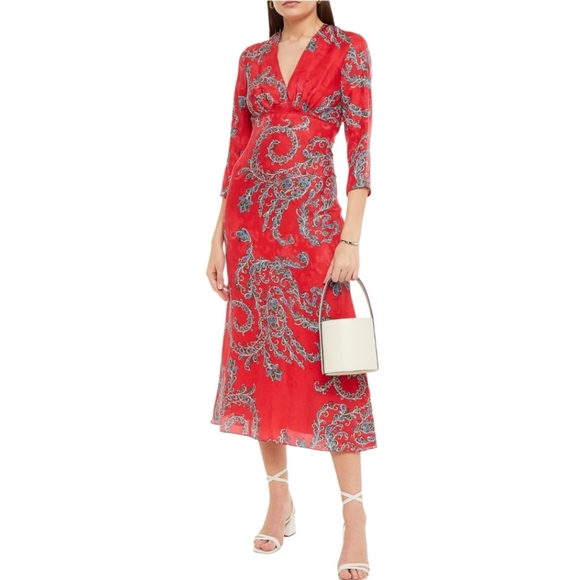 Sandro Paisley - Print Satin Jacquard Midi Dress In Tomato Red Size 10 - Picture 1 of 14